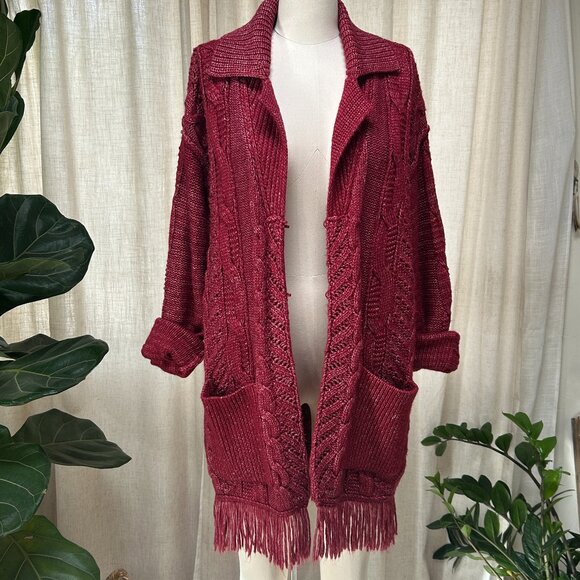 Sundance Boho Cable Knit Cardigan Coat Fringe Wool Cotton Blend, Women's XS - Picture 1 of 15